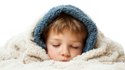 Caucasian child sleeping peacefully under a soft blanket, finding comfort and warmth while resting and recovering from illness on a transparent background