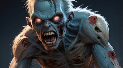 terrifying zombie creature with glowing eyes and bloodstained skin