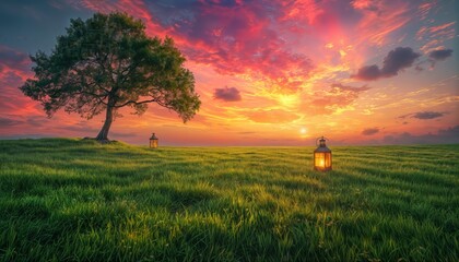Fototapeta premium a vibrant sunset illuminates a lush green field dotted with glowing lanterns and framed by a solitary tree.