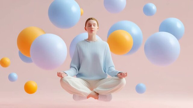 Woman meditating in lotus pose surrounded by floating pastel spheres in minimal surreal space. 4K video