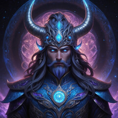 mystical warrior king with glowing eyes and celestial armour