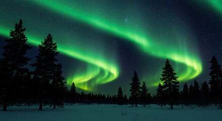 A highly realistic aurora scene with vibrant green ribbons of light streaking across a clear starry sky, silhouetted pine trees below and snow covered ground glowing faintly,