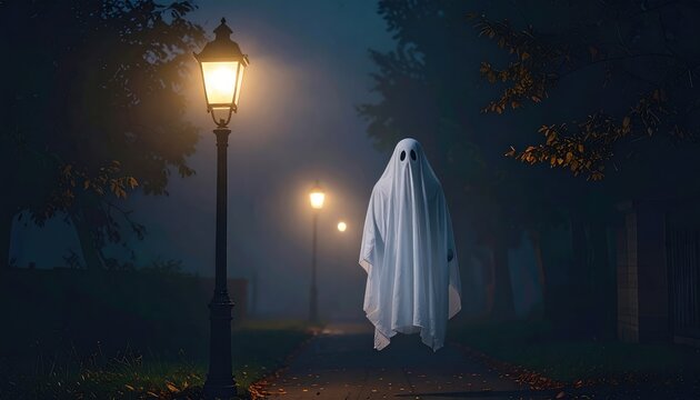 ghost floating in air. A ghostly figure stands under lampposts in a dark, eerie setting, creating a haunting atmosphere of mystery and suspense.