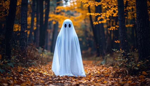 ghost floating in air. A ghost figure draped in white stands in a forest path surrounded by autumn leaves and trees, creating an eerie yet enchanting atmosphere.