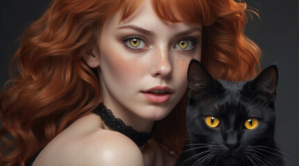 red-haired woman with black cat and golden eyes