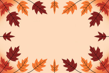 Fototapeta premium Autumn leaves border design with vibrant orange and red foliage on beige background