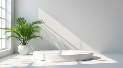 Minimalist white room with plant and display podium