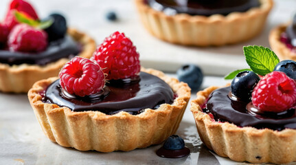 chocolate berry tarts with raspberries and blueberries