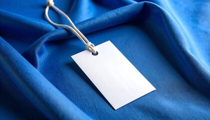 Blank tag on blue fabric.