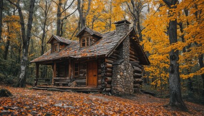 a rustic log cabin nestled among vibrant autumn trees and covered in fallen leaves creates a serene and inviting woodland scene.