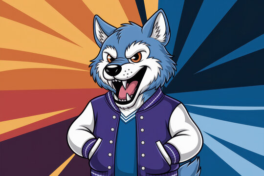 Fierce cartoon wolf in stylish jacket against colorful background