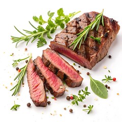 Grilled steak with rosemary and herbs isolated on white background