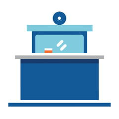 reception desk with logo signage in front no text