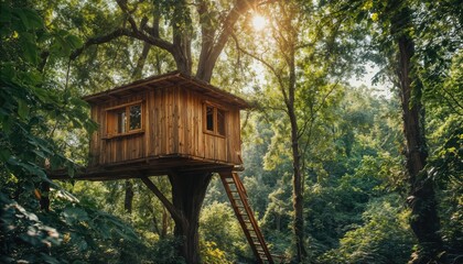 a rustic wooden treehouse nestled amongst lush green foliage is illuminated by dappled sunlight filtering through the dense forest canopy.
