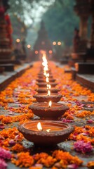 Ceramic Oil Lamps Glowing Amidst Scattered Flower Petals at Temple