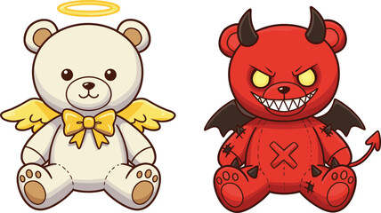 Contrast of Angel and Devil Teddy Bears: Cute Heavenly Bear with Halo and Wings Alongside Fiendish Red Demon Plush Toy Illustration