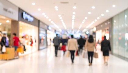 Blurred shoppers in mall hallway.