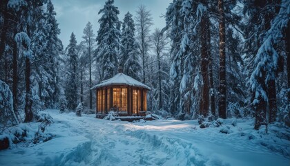 a warmly lit hexagonal gazebo stands serenely amidst a snow-covered forest path, creating a captivating winter scene.