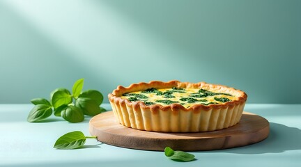 Goldencrusted spinach quiche, bathed in sunlight, rests on a wooden board