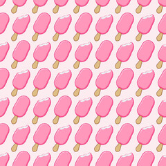 Seamless pattern of pink pixel art ice cream on a stick. Cute repeating summer background for textile, packaging and digital design. Retro 8-bit style vector illustration of sweet dessert.