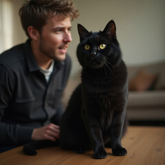 closeup of expressive black cat with yellow eyes and a man