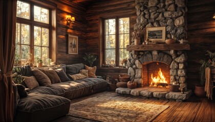 Fototapeta premium a cozy rustic living room features a stone fireplace with a roaring fire, plush seating, and warm autumn light streaming through large windows.