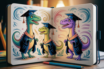 Obraz premium Colorful cartoon dinosaurs in graduation attire celebrating in illustrated sketchbook art