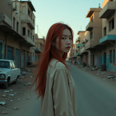 young red-haired woman standing alone at sunset in abandoned street