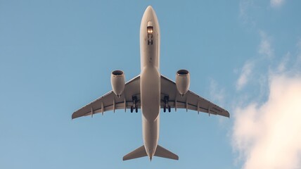 Commercial Airplane Flying Overhead In Clear Blue Sky Viewed From Below Modern Aviation Travel Transportation And Aircraft Concept

