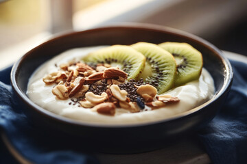 Enjoy a colorful breakfast with yogurt topped with fresh kiwi slices, nuts, and seeds. Perfect meal for early risers seeking a balanced and nutritious start to their day