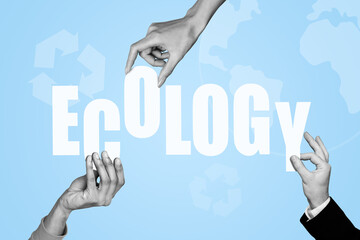 Template sketch image composite artwork collage of three hand hold ecology banner word world...