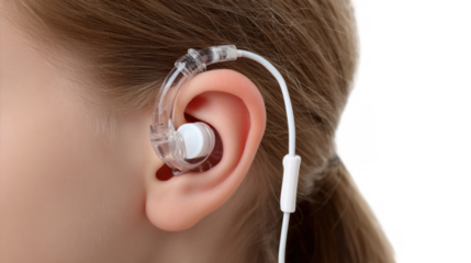 Close up of a patient's ear with headphones during a hearing test, highlighting the process of audiometry and diagnosis of hearing related problems on a transparent background