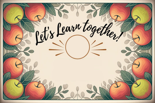 Colorful apple frame design with 'let's learn together!' message and leaf details