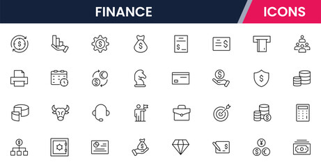 Vector illustration web line icon collection for finance: money, banking, investments, charts, and economic symbols in a sleek, modern style.