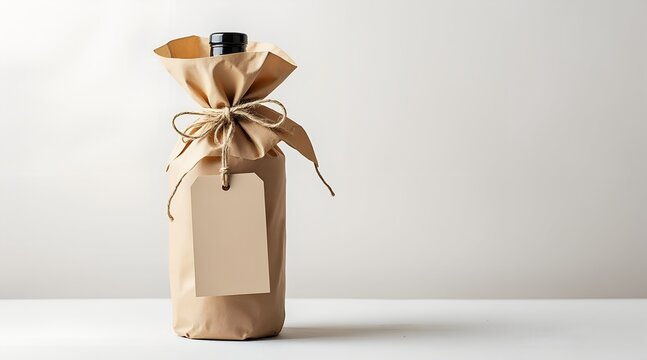 Wine bottle gift wrapped in brown paper with blank tag