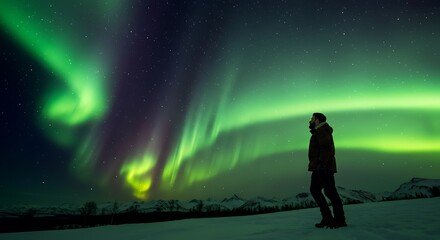 Fototapeta premium A highly realistic aurora scene with vibrant green ribbons of light streaking across a clear starry sky, silhouetted pine trees below and snow covered ground glowing faintly,