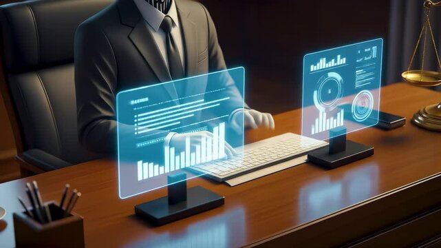 AI legal assistant in courtroom analyzing digital case data with holographic screens, featuring a humanoid robot in a formal suit working at a judge desk, justice law and futuristic legal technology.