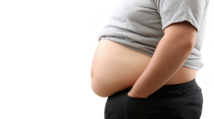 Overweight man is showing his big belly with a transparent background, highlighting issues of obesity, unhealthy lifestyle, and potential health risks