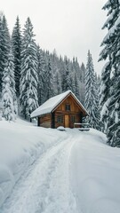 Cozy Wooden Cabin in Snow-Covered Pine Forest