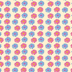 A delightful seamless pattern featuring alternating pink and blue daisy-like flowers on a soft cream background, perfect for cheerful designs