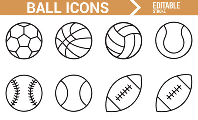 Fototapeta premium Collection of Sports Ball Icons: Line Drawings for Different Sports Including Football