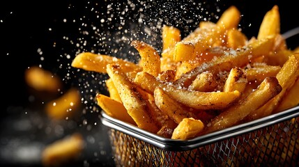 Golden Crispy French Fries Sprinkled With Salt In Metal Basket On Black Background Delicious Fast Food Snack With Tasty Texture Concept

