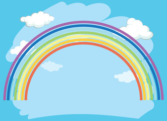 A bright and cheerful illustration of a colorful rainbow arching across a clear blue sky with fluffy white clouds
