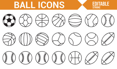 Line Drawings of Popular Sports Balls: Soccer, Football, Tennis, and Basketball
