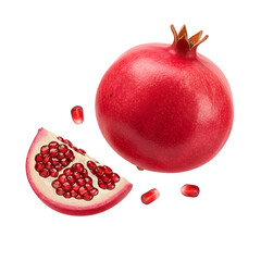 Vibrant Pomegranate Whole Fruit and Sliced Segment with Seeds transparent background
