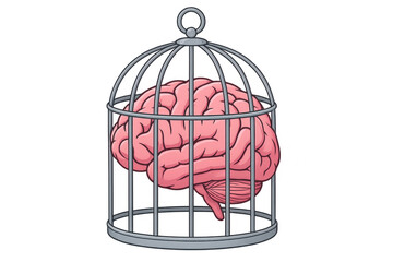 Cartoon brain caged inside a birdcage on a transparent background, symbolizing mental block, lack of freedom, and limited thinking