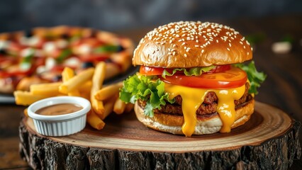 Melted Cheese Burger, Pizza, and Fries on Rustic Wooden Slice