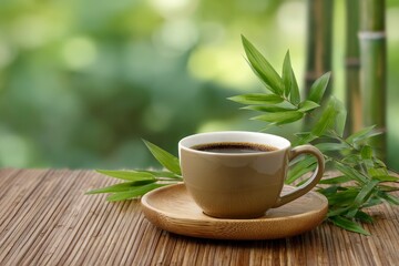 A mug of coffee rests on a wooden saucer atop a bamboo mat framed by bamboo leaves and stalks against a blurred green backdrop