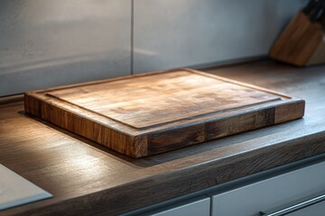 Fototapeta premium Wooden cutting board resting on a kitchen countertop with natural light softly illuminating the surface