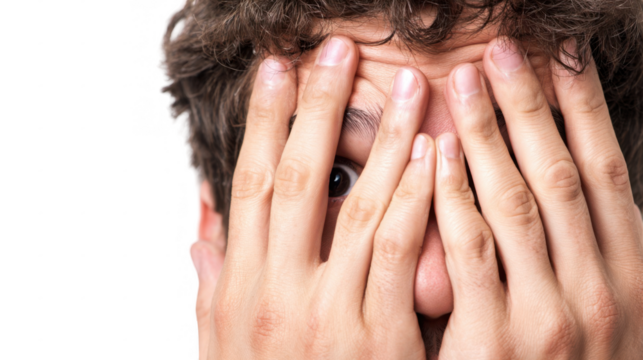 Portrait of a worried businessman covering his face with his hands, expressing anxiety, fear, shame, and emotional stress on a transparent background